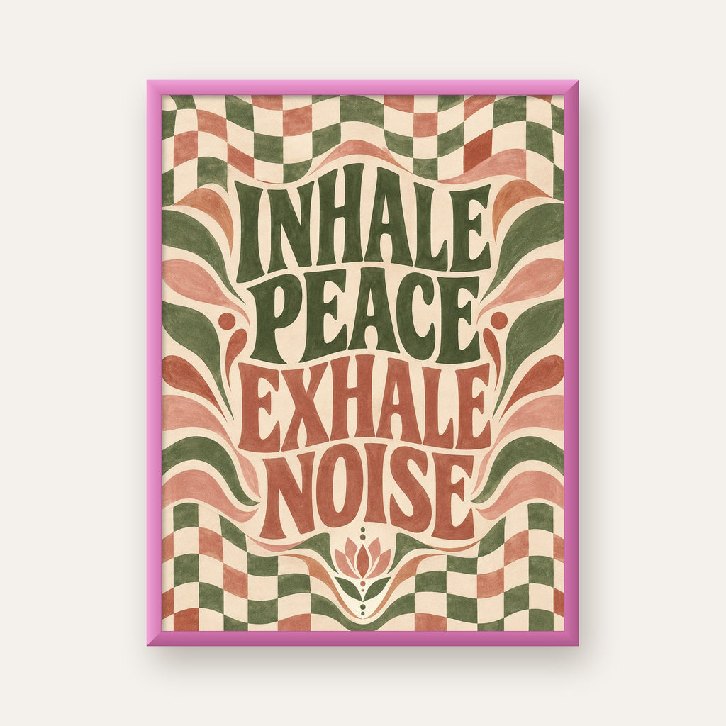 Inhale Peace, Exhale Noise Retro Damalı Yoga Poster — pembe çerçeveli
