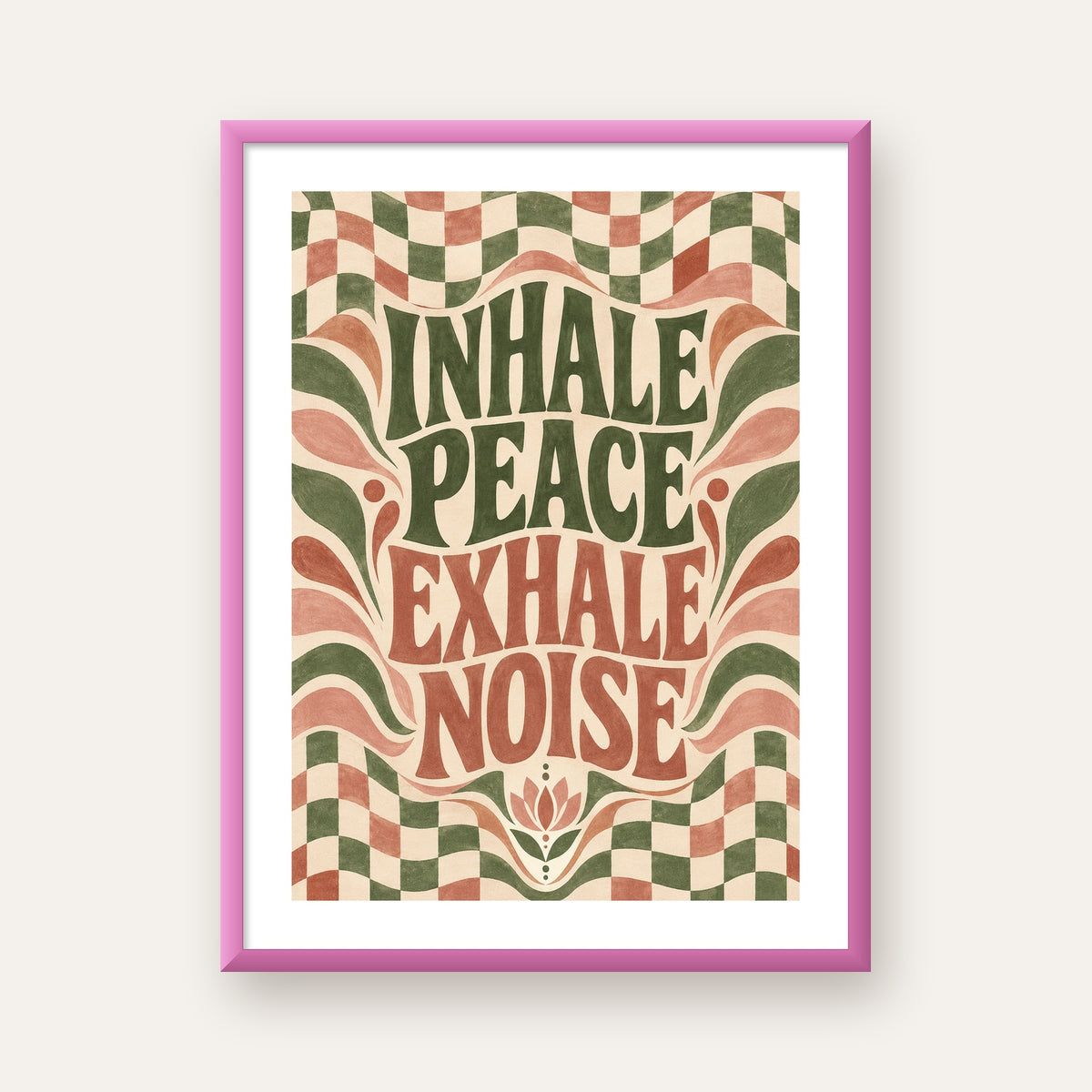 Inhale Peace, Exhale Noise Retro Damalı Yoga Poster — pembe çerçeveli paspartulu