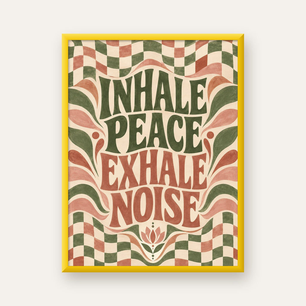 Inhale Peace, Exhale Noise Retro Damalı Yoga Poster — sarı çerçeveli