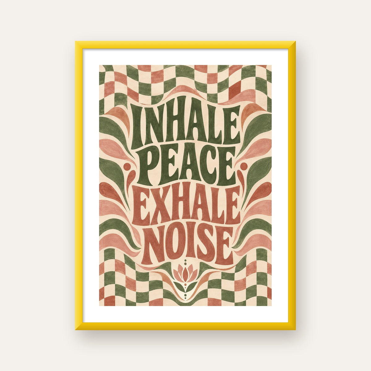 Inhale Peace, Exhale Noise Retro Damalı Yoga Poster — sarı çerçeveli paspartulu