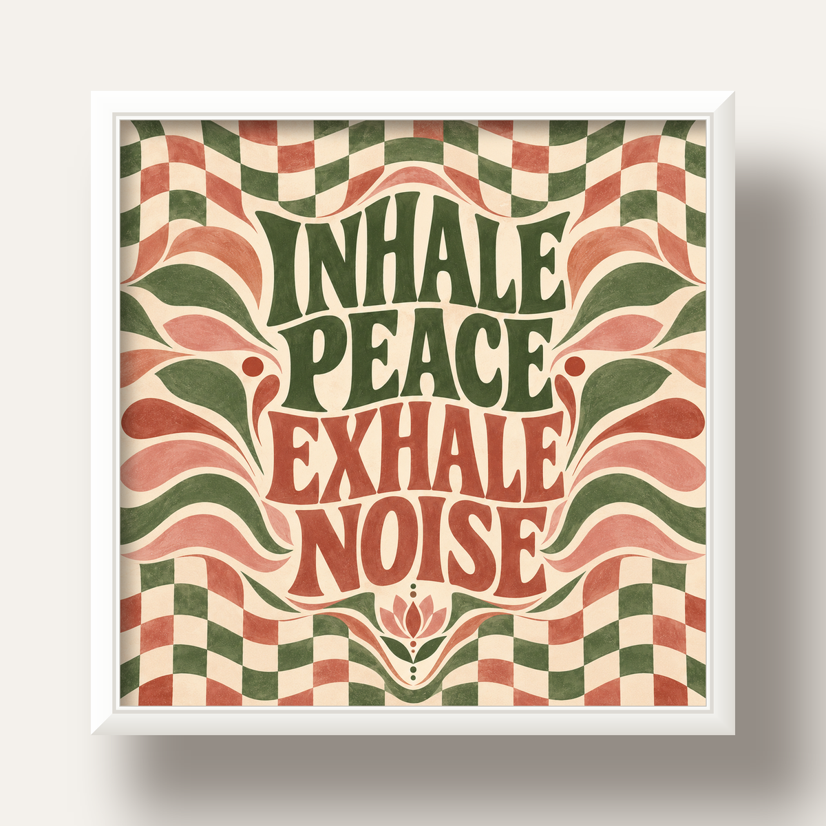 Inhale Peace, Exhale Noise Retro Damalı Yoga Poster — beyaz derin çerçeveli