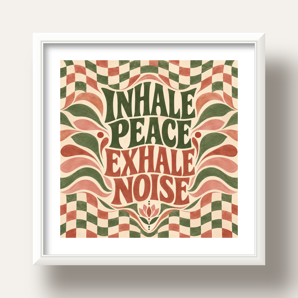 Inhale Peace, Exhale Noise Retro Damalı Yoga Poster — beyaz derin çerçeveli paspartulu