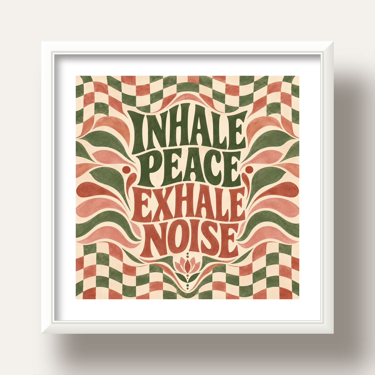Inhale Peace, Exhale Noise Retro Damalı Yoga Poster — beyaz derin çerçeveli paspartulu