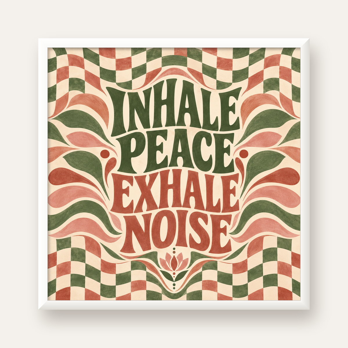 Inhale Peace, Exhale Noise Retro Damalı Yoga Poster — beyaz çerçeveli kare poster