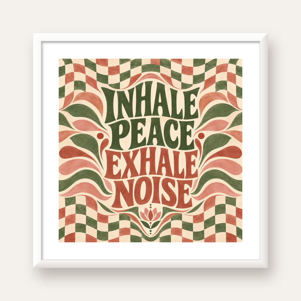 Inhale Peace, Exhale Noise Retro Damalı Yoga Poster — beyaz çerçeveli kare poster