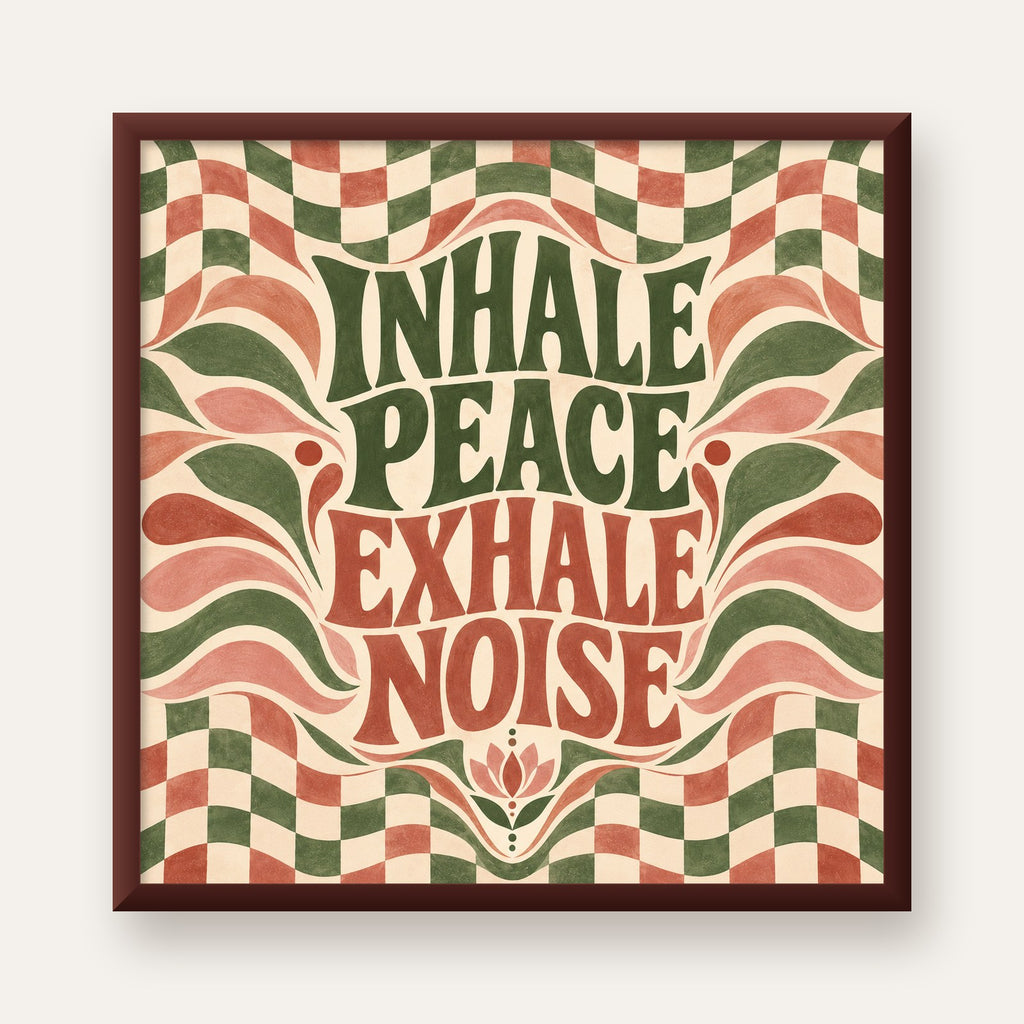 Inhale Peace, Exhale Noise Retro Damalı Yoga Poster — ceviz çerçeveli