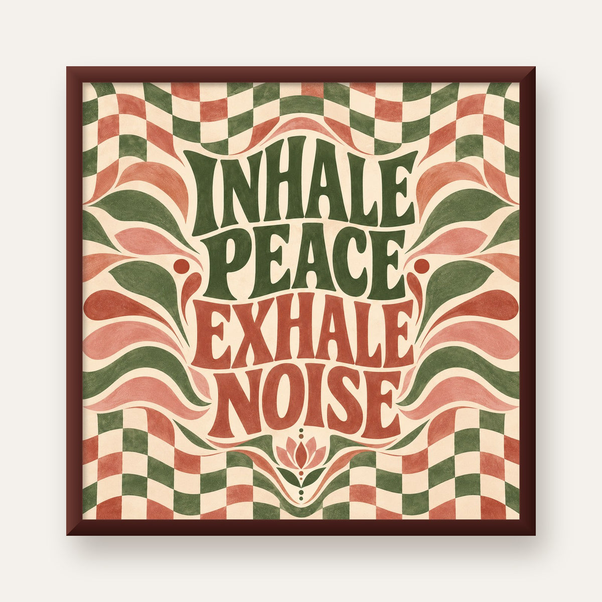 Inhale Peace, Exhale Noise Retro Damalı Yoga Poster — ceviz çerçeveli