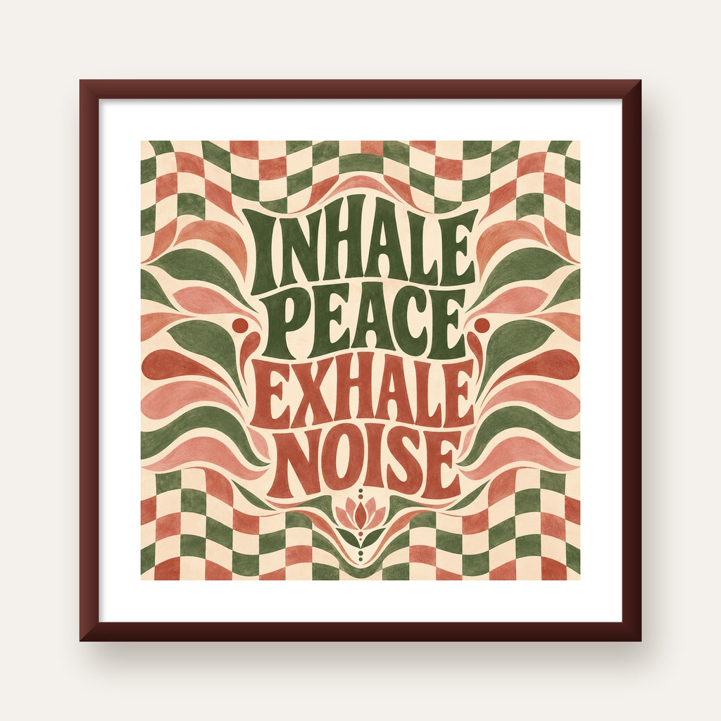 Inhale Peace, Exhale Noise Retro Damalı Yoga Poster — ceviz çerçeveli paspartulu