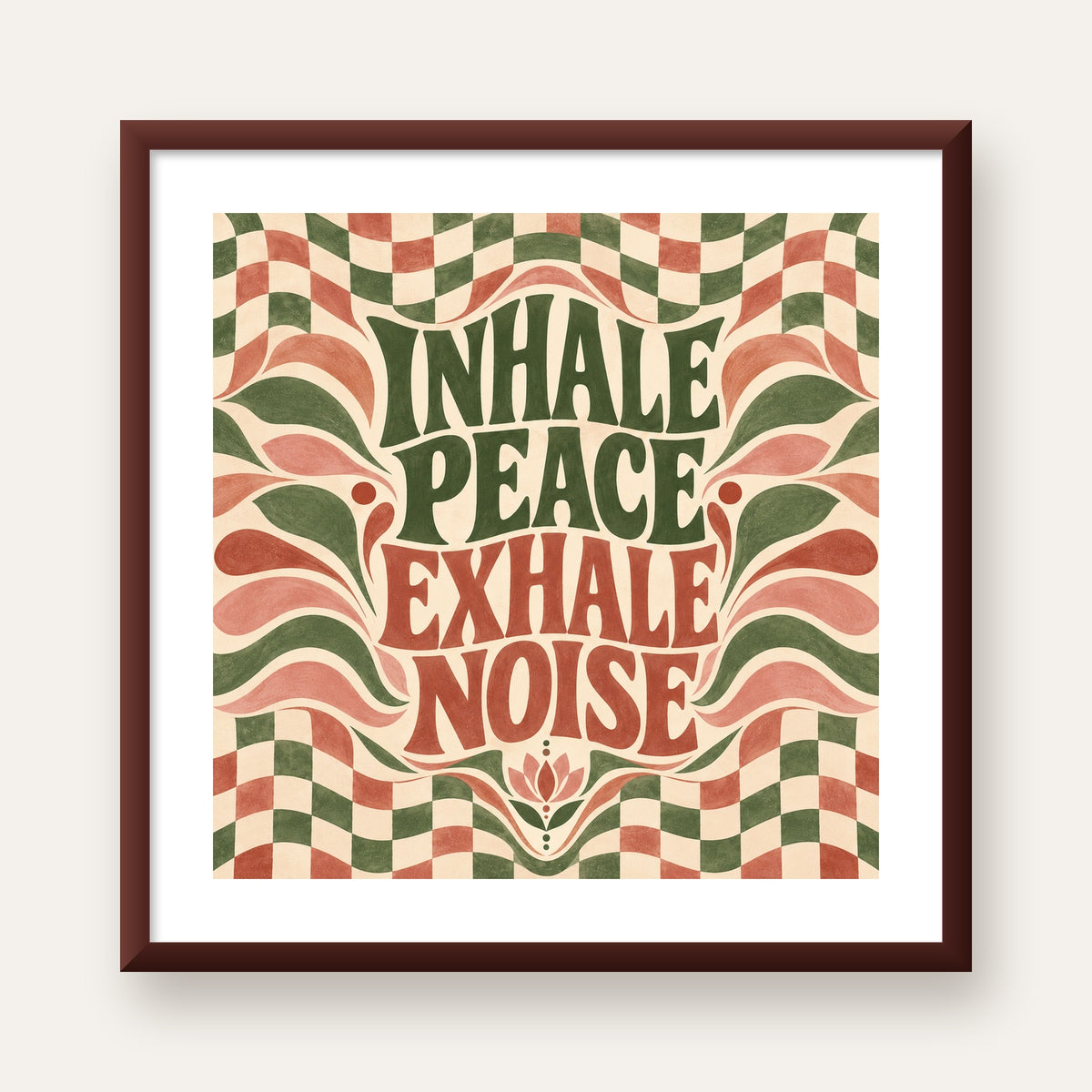 Inhale Peace, Exhale Noise Retro Damalı Yoga Poster — ceviz çerçeveli paspartulu