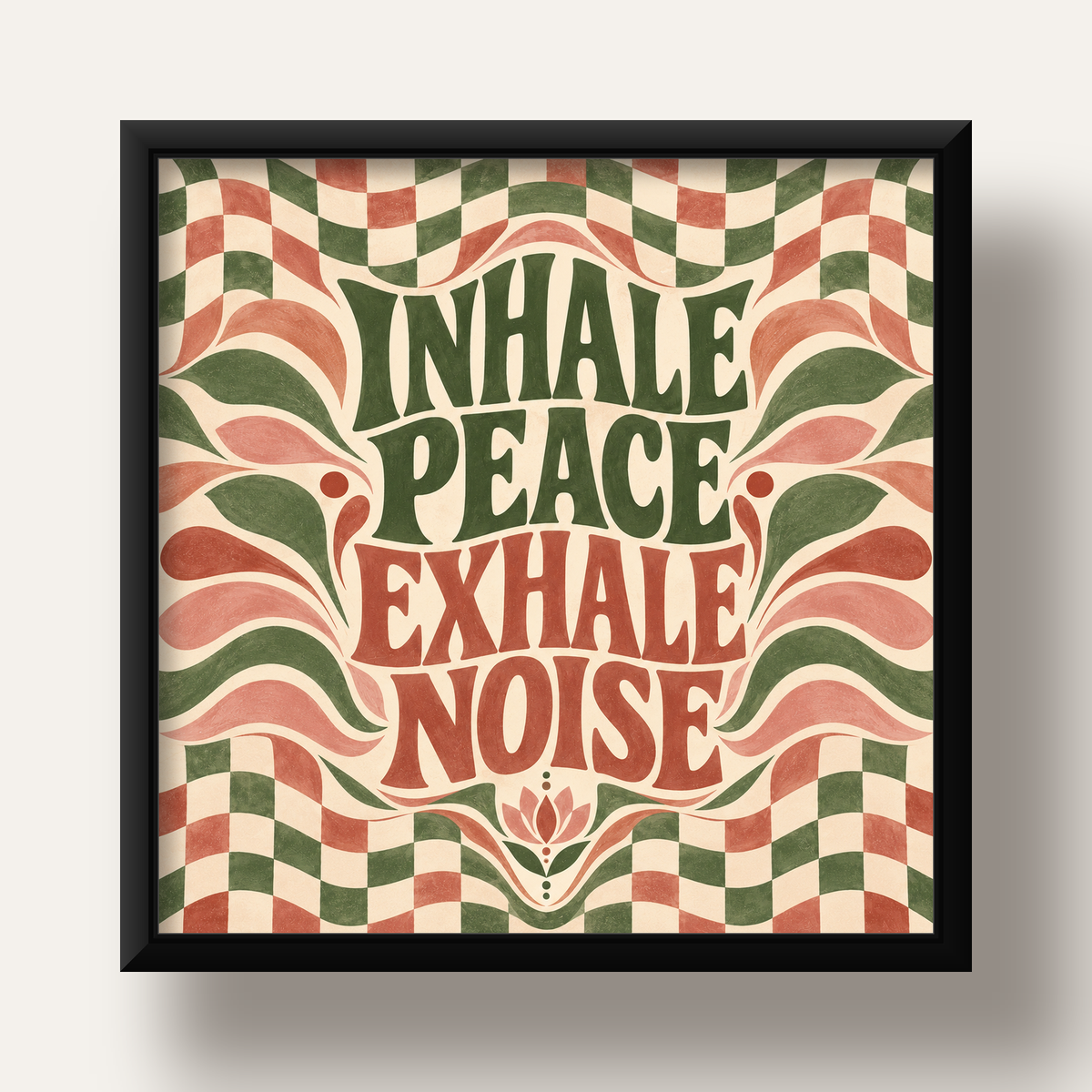 Inhale Peace, Exhale Noise Retro Damalı Yoga Poster — siyah derin çerçeveli