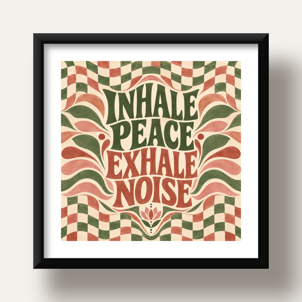 Inhale Peace, Exhale Noise Retro Damalı Yoga Poster — siyah derin çerçeveli paspartulu