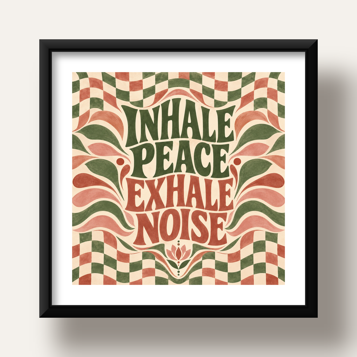 Inhale Peace, Exhale Noise Retro Damalı Yoga Poster — siyah derin çerçeveli paspartulu