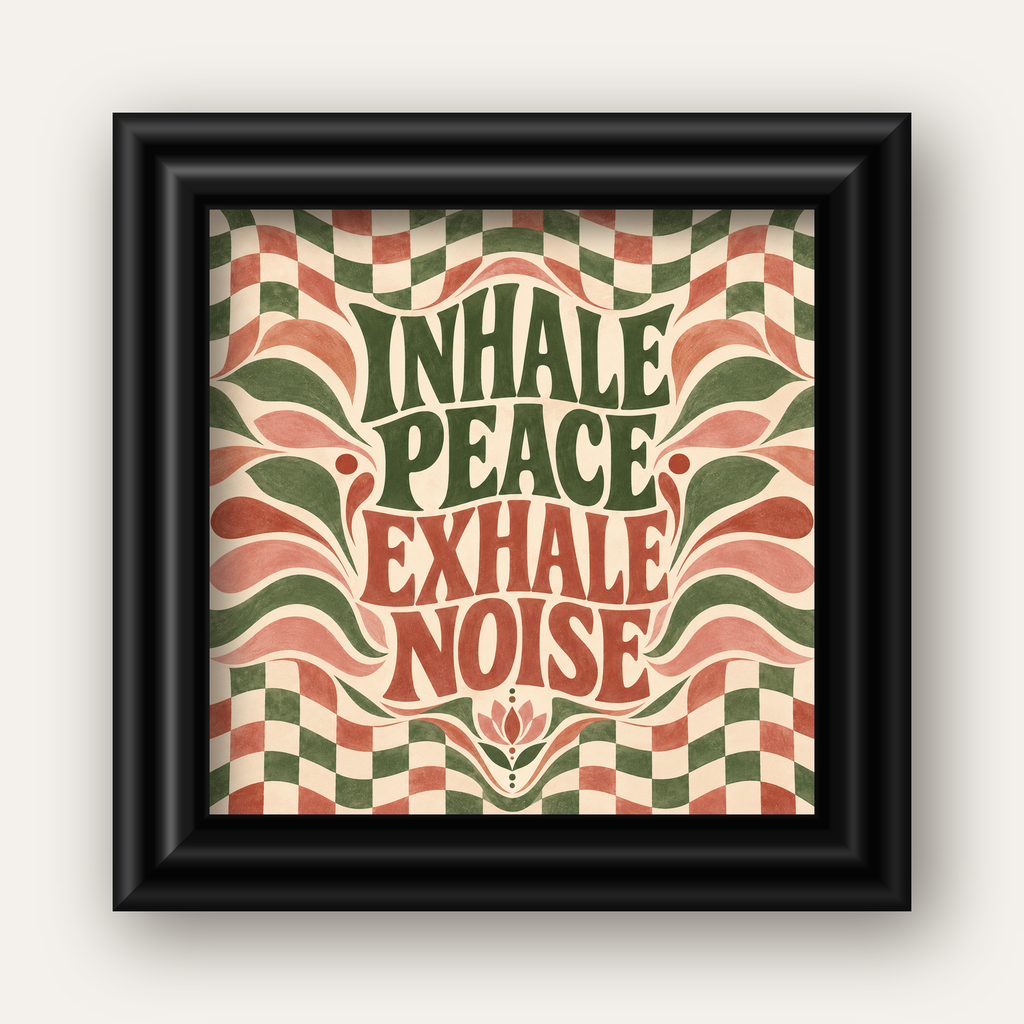 Inhale Peace, Exhale Noise Retro Damalı Yoga Poster — siyah galeri çerçeveli