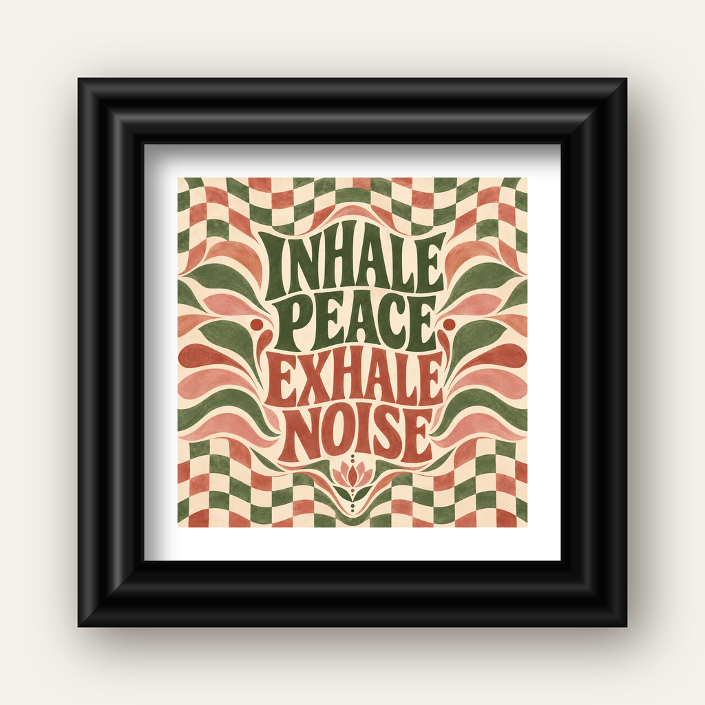 Inhale Peace, Exhale Noise Retro Damalı Yoga Poster — siyah galeri çerçeveli paspartulu