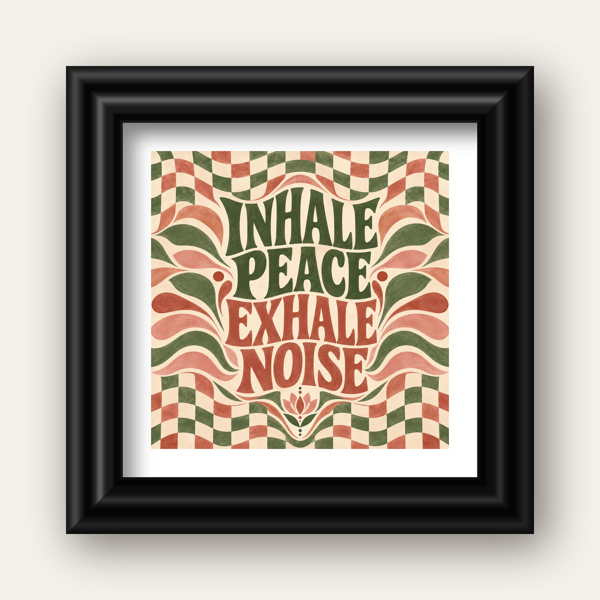 Inhale Peace, Exhale Noise Retro Damalı Yoga Poster — siyah galeri çerçeveli paspartulu