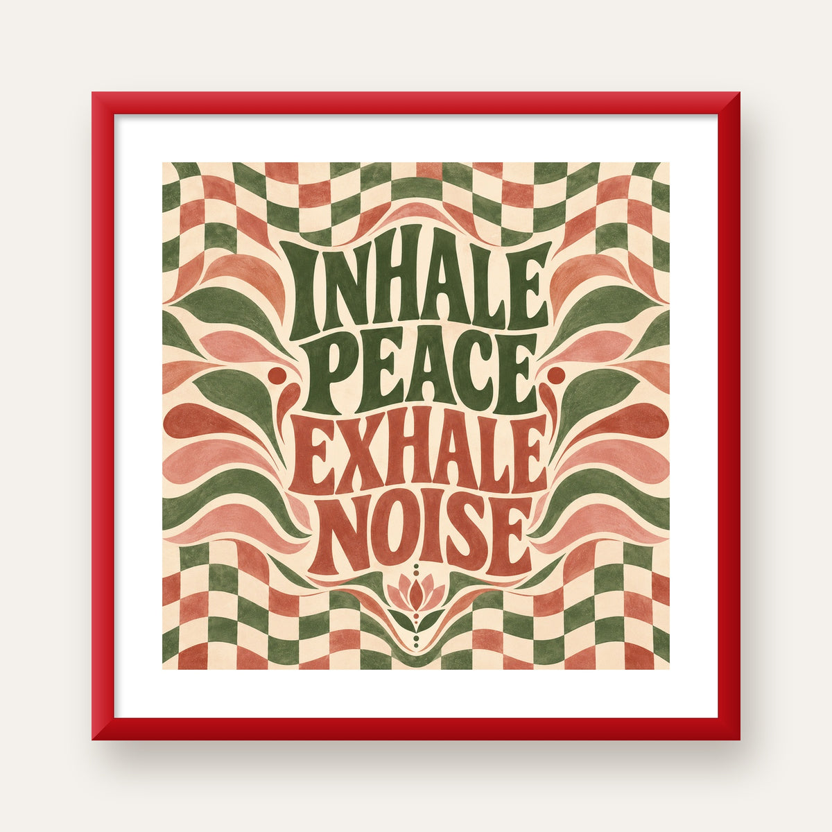 Inhale Peace, Exhale Noise Retro Damalı Yoga Poster — kırmızı çerçeveli paspartulu