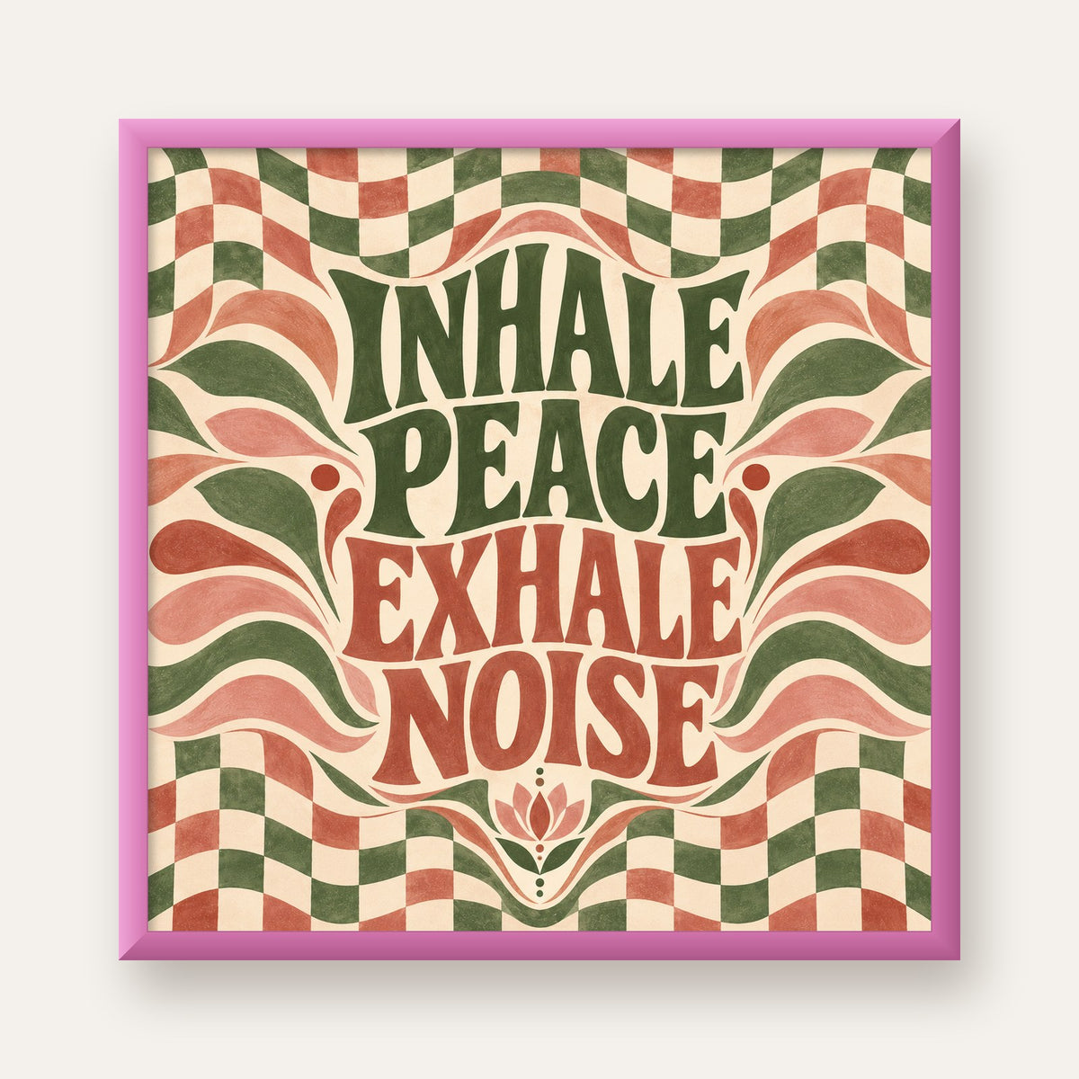 Inhale Peace, Exhale Noise Retro Damalı Yoga Poster — pembe çerçeveli