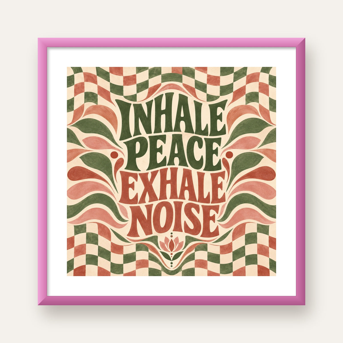 Inhale Peace, Exhale Noise Retro Damalı Yoga Poster — pembe çerçeveli paspartulu