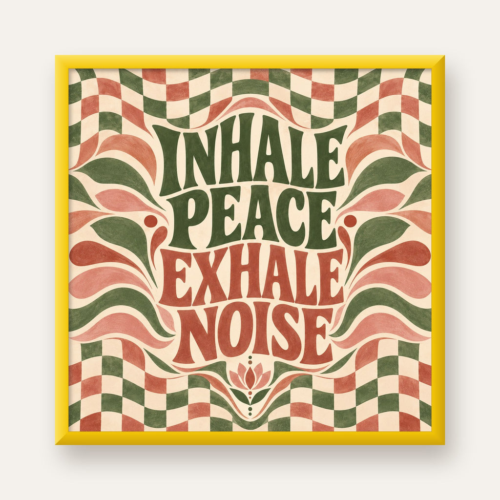 Inhale Peace, Exhale Noise Retro Damalı Yoga Poster — sarı çerçeveli