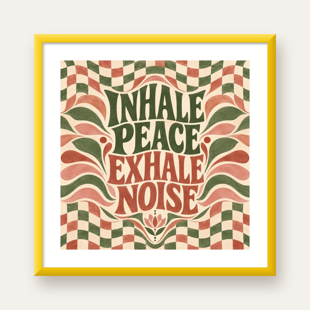 Inhale Peace, Exhale Noise Retro Damalı Yoga Poster — sarı çerçeveli paspartulu