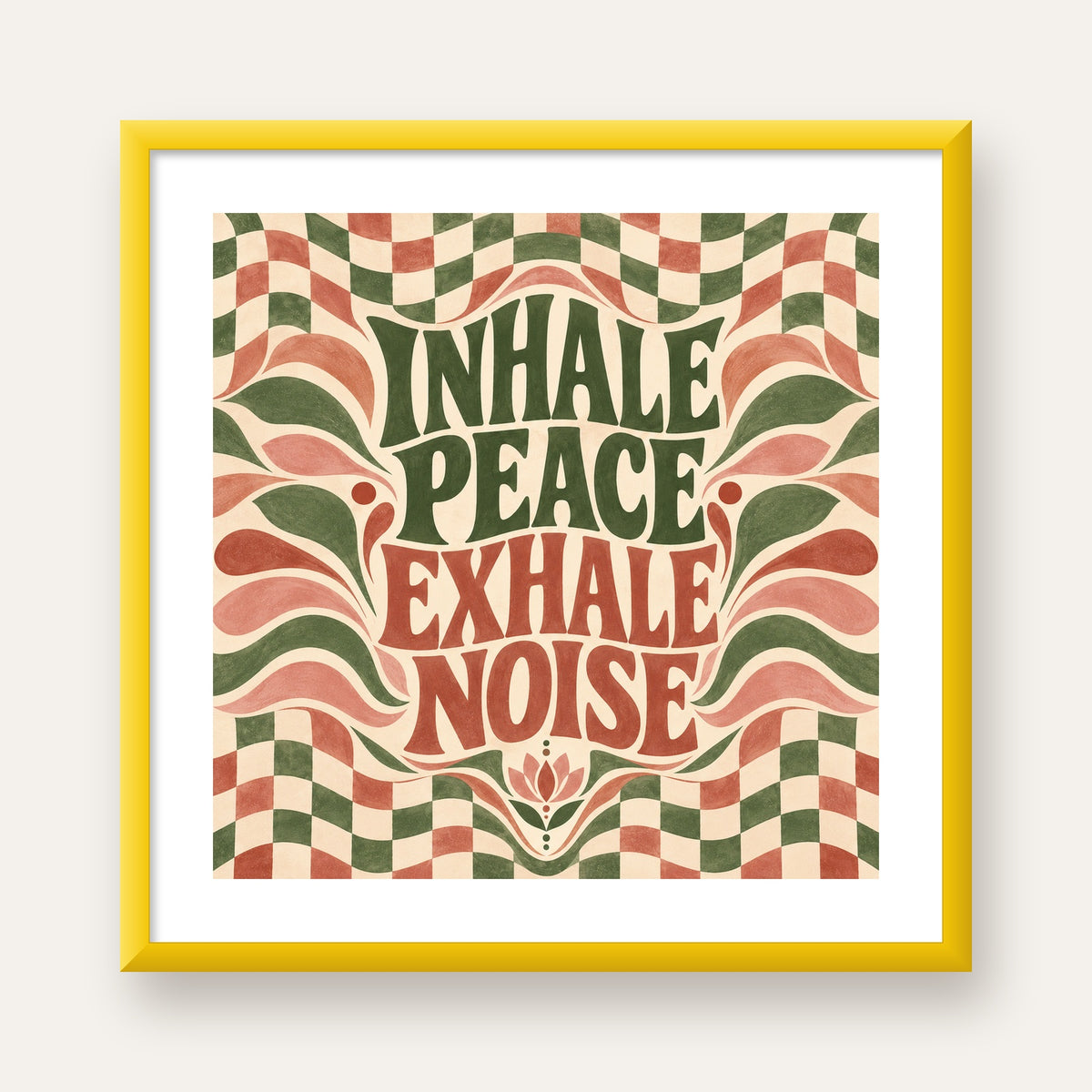 Inhale Peace, Exhale Noise Retro Damalı Yoga Poster — sarı çerçeveli paspartulu