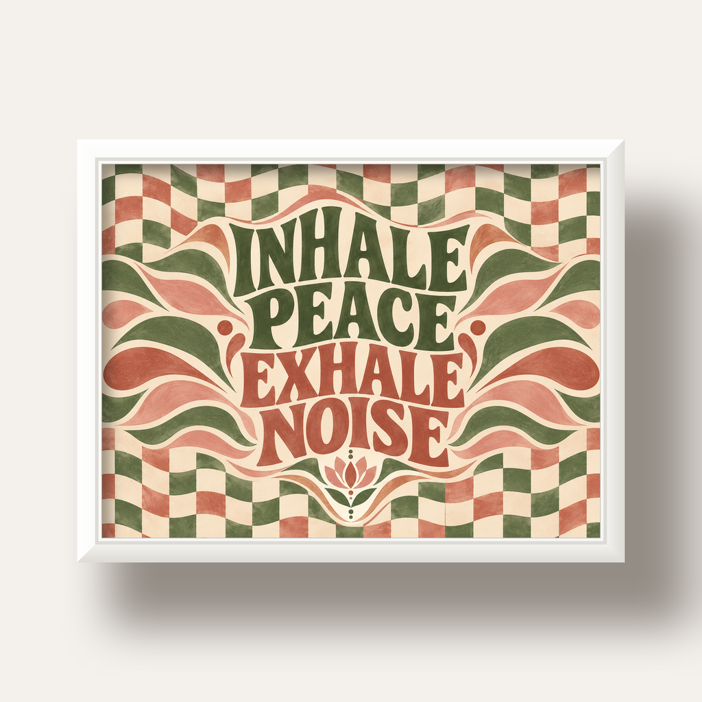 Inhale Peace, Exhale Noise Retro Damalı Yoga Poster — beyaz derin çerçeveli