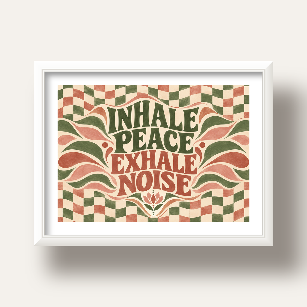 Inhale Peace, Exhale Noise Retro Damalı Yoga Poster — beyaz derin çerçeveli paspartulu