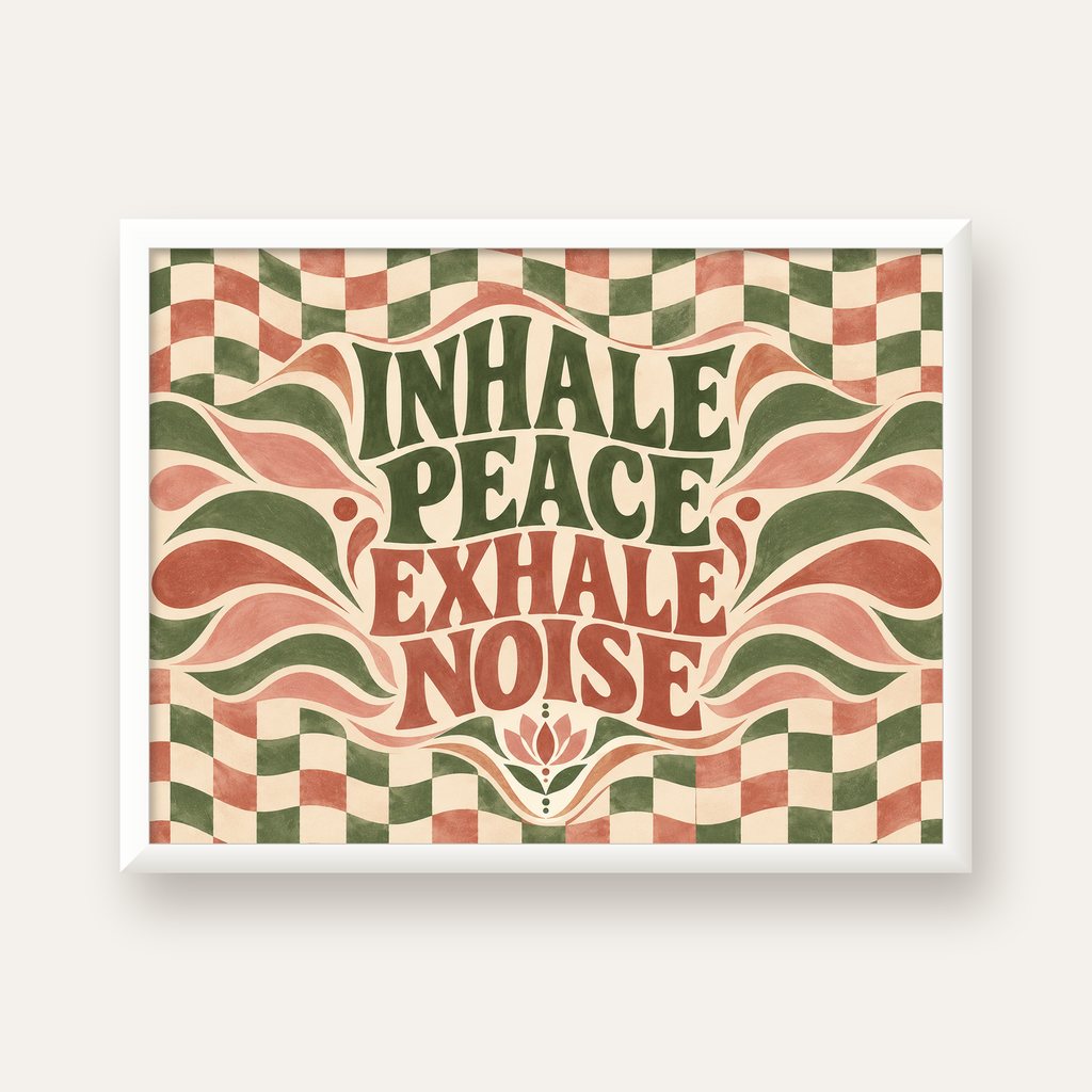 Inhale Peace, Exhale Noise Retro Damalı Yoga Poster — beyaz çerçeveli yatay poster