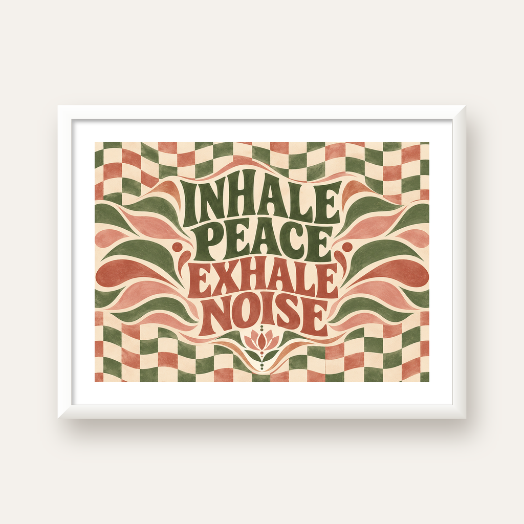 Inhale Peace, Exhale Noise Retro Damalı Yoga Poster — beyaz çerçeveli yatay poster