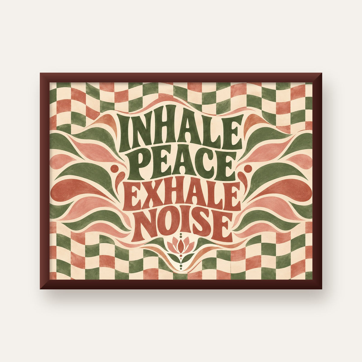 Inhale Peace, Exhale Noise Retro Damalı Yoga Poster — ceviz çerçeveli
