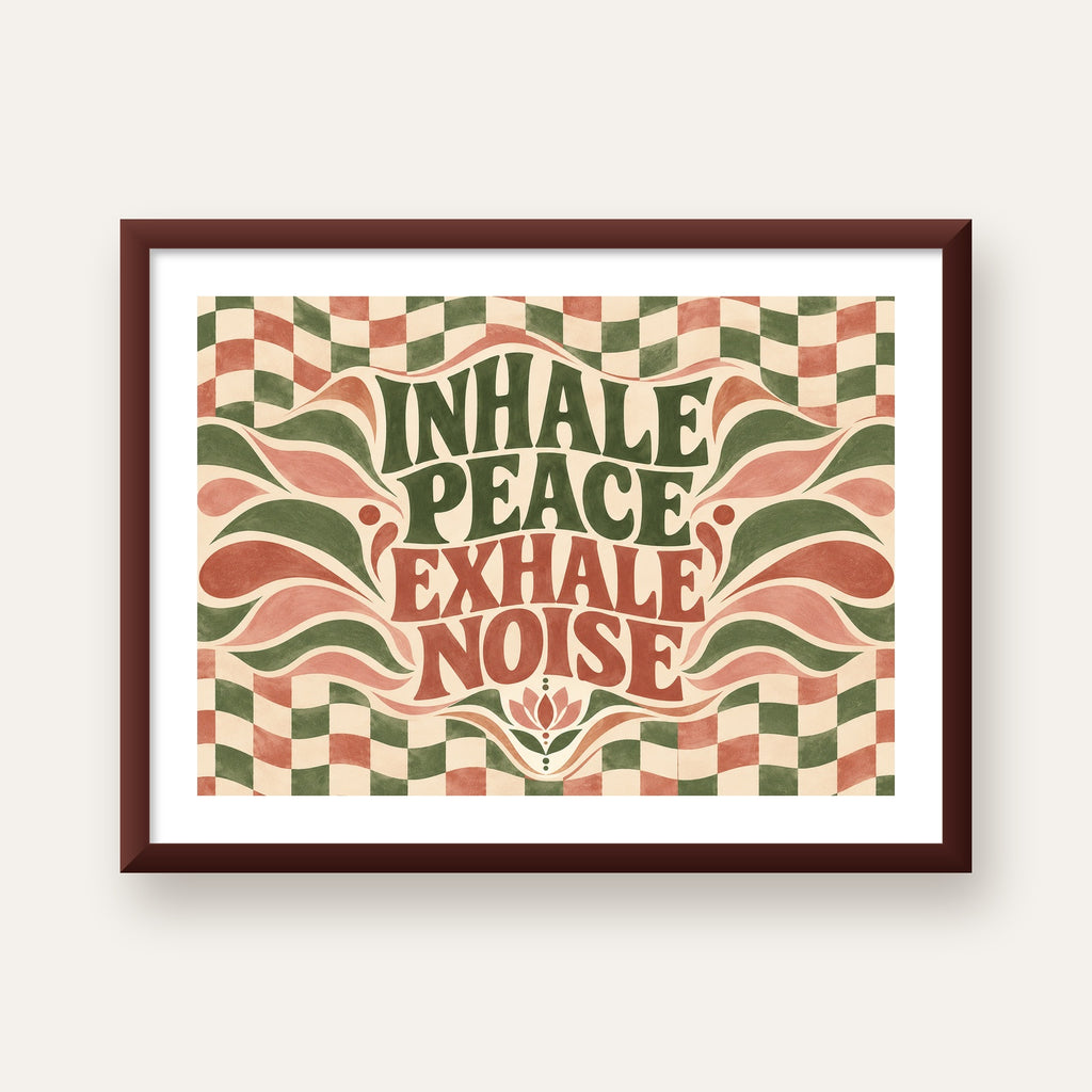 Inhale Peace, Exhale Noise Retro Damalı Yoga Poster — ceviz çerçeveli paspartulu