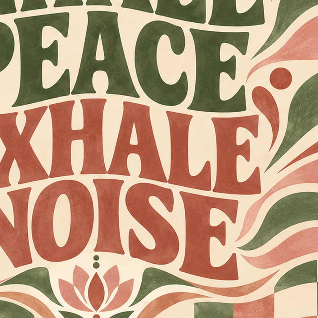 Retro İlhamlı Tipografi Poster – Inhale Peace, Exhale Noise — baskının yakın çekimi, kâğıt dokusu ve renk detayı