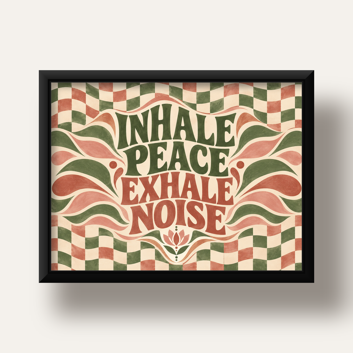 Inhale Peace, Exhale Noise Retro Damalı Yoga Poster — siyah derin çerçeveli