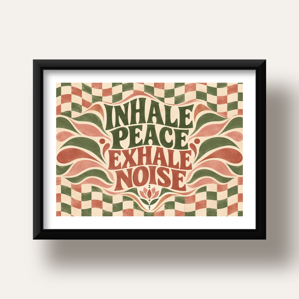 Inhale Peace, Exhale Noise Retro Damalı Yoga Poster — siyah derin çerçeveli paspartulu