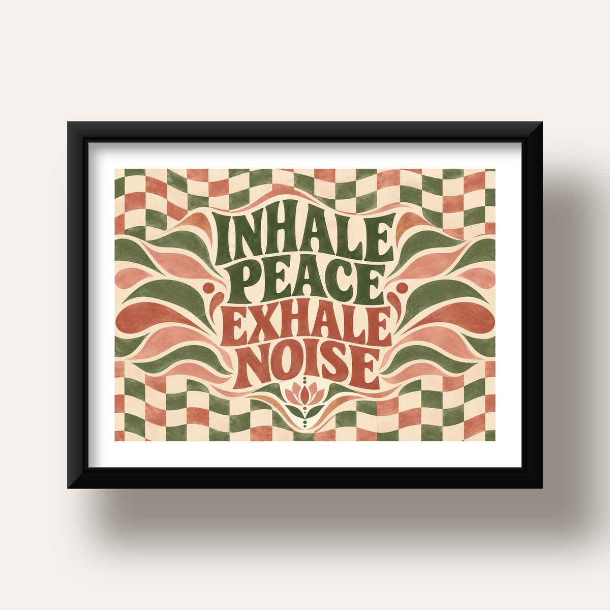 Inhale Peace, Exhale Noise Retro Damalı Yoga Poster — siyah derin çerçeveli paspartulu