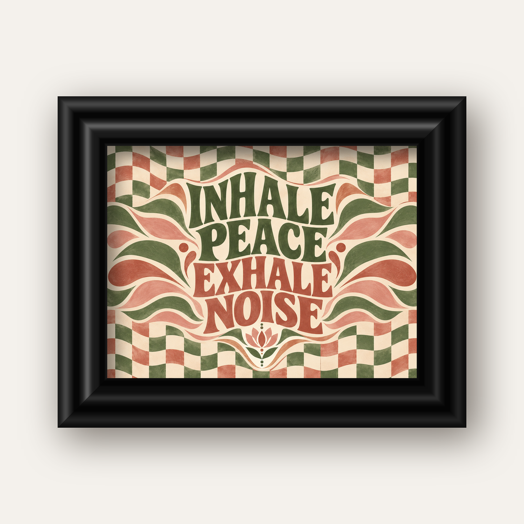 Inhale Peace, Exhale Noise Retro Damalı Yoga Poster — siyah galeri çerçeveli
