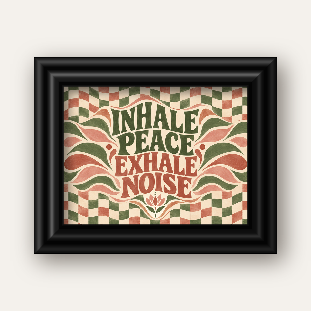 Inhale Peace, Exhale Noise Retro Damalı Yoga Poster — siyah galeri çerçeveli