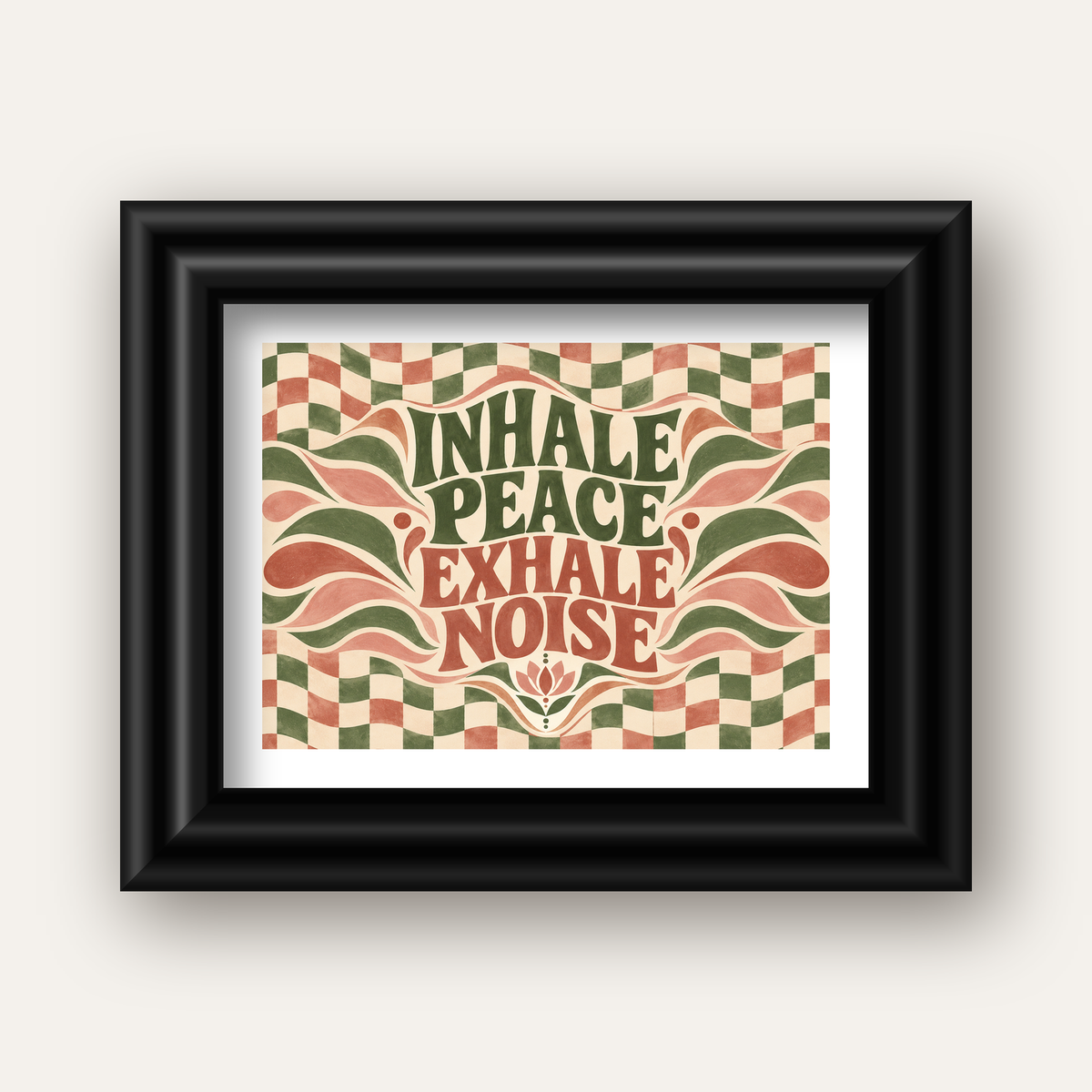 Inhale Peace, Exhale Noise Retro Damalı Yoga Poster — siyah galeri çerçeveli paspartulu