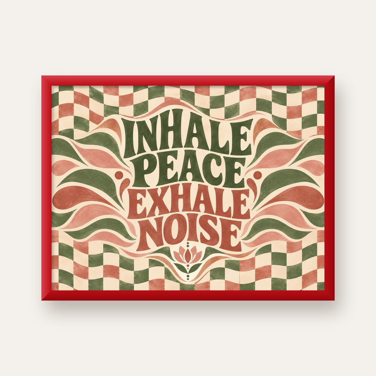 Inhale Peace, Exhale Noise Retro Damalı Yoga Poster — kırmızı çerçeveli