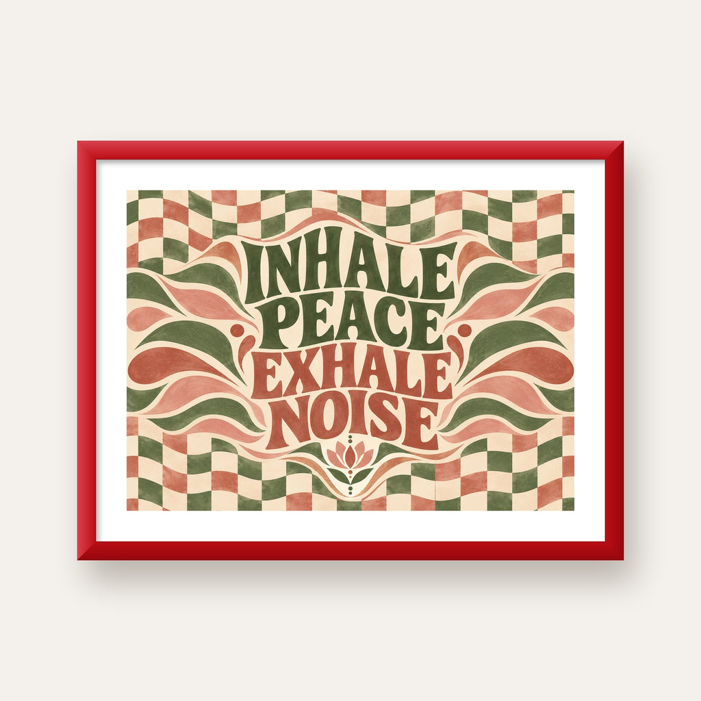 Inhale Peace, Exhale Noise Retro Damalı Yoga Poster — kırmızı çerçeveli paspartulu