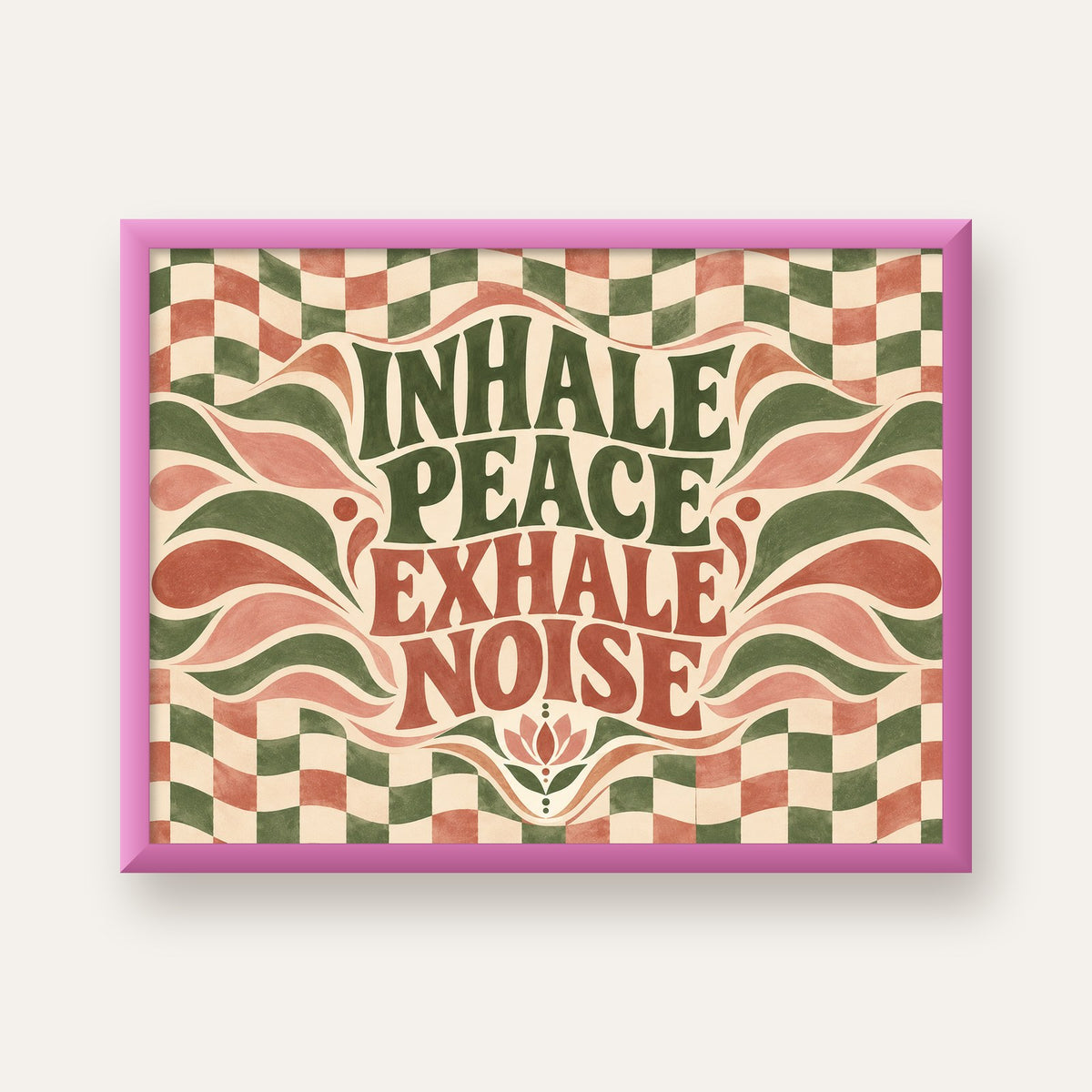 Inhale Peace, Exhale Noise Retro Damalı Yoga Poster — pembe çerçeveli