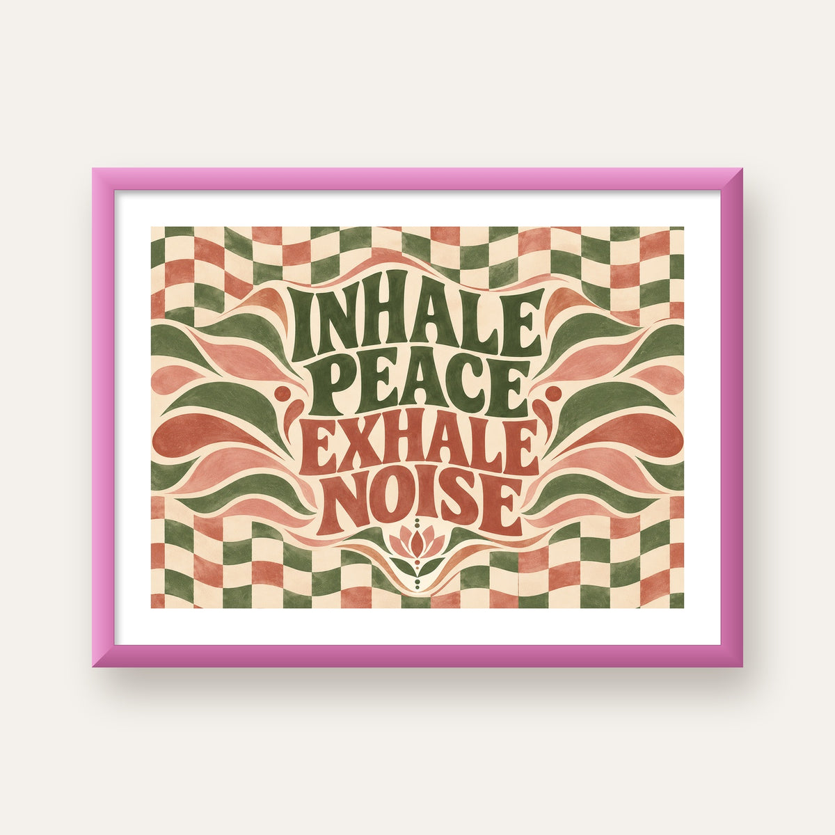 Inhale Peace, Exhale Noise Retro Damalı Yoga Poster — pembe çerçeveli paspartulu