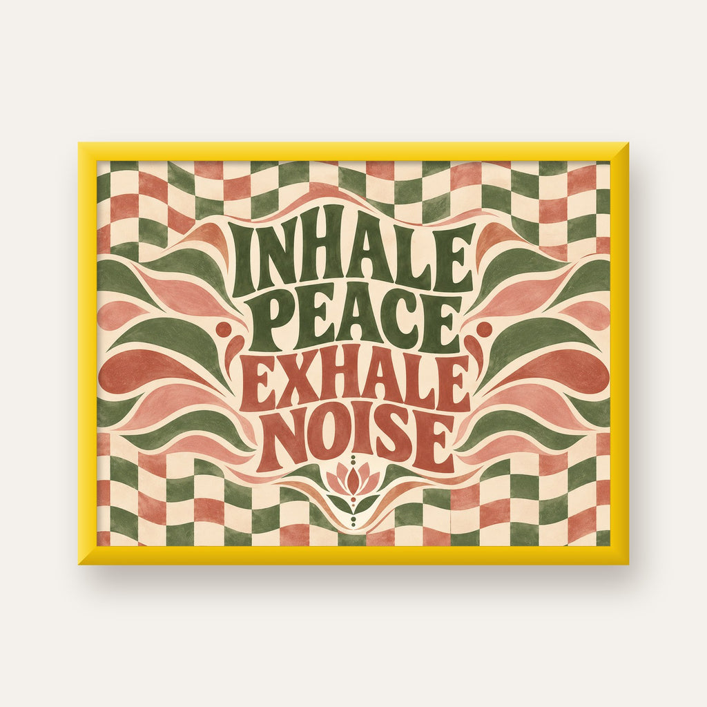 Inhale Peace, Exhale Noise Retro Damalı Yoga Poster — sarı çerçeveli
