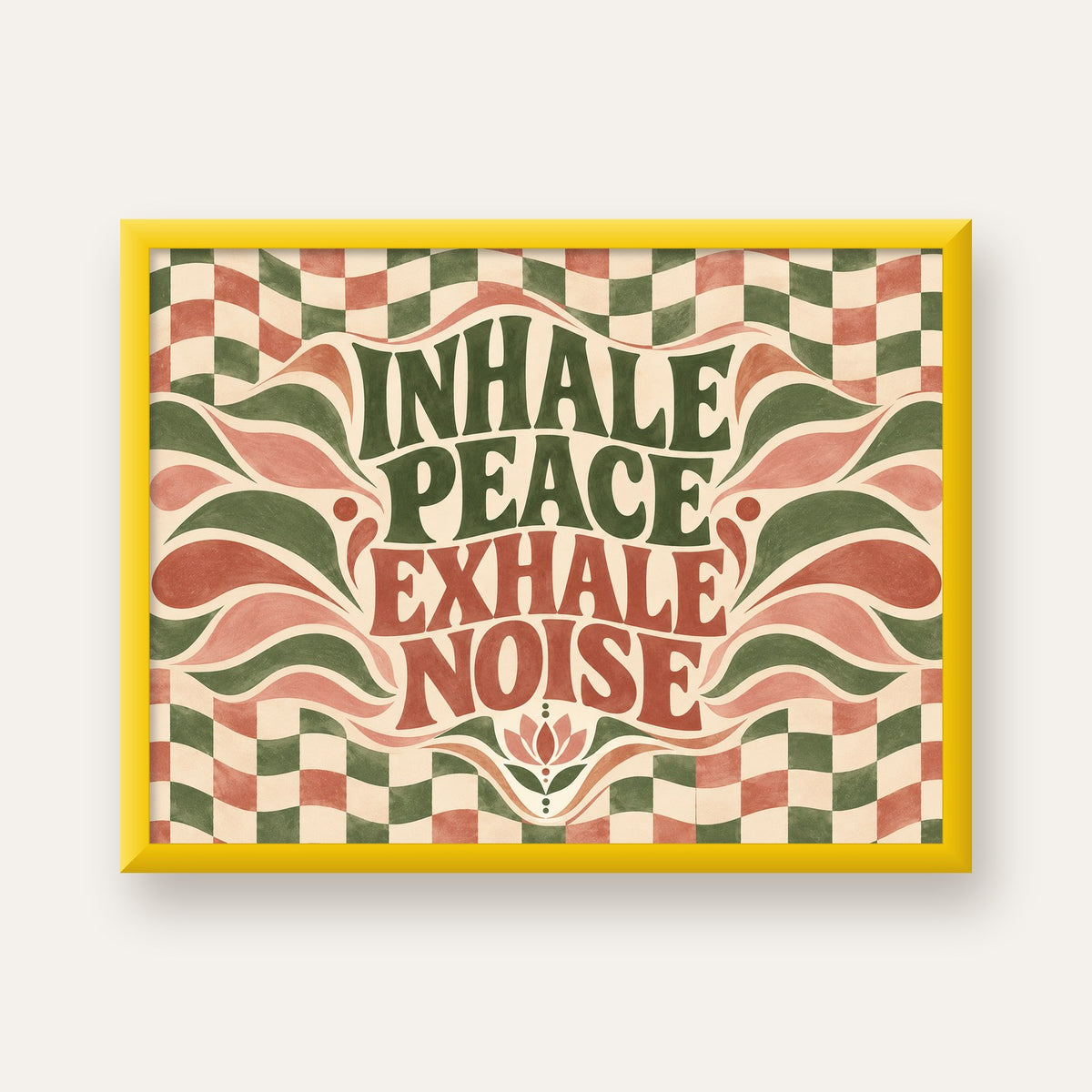 Inhale Peace, Exhale Noise Retro Damalı Yoga Poster — sarı çerçeveli