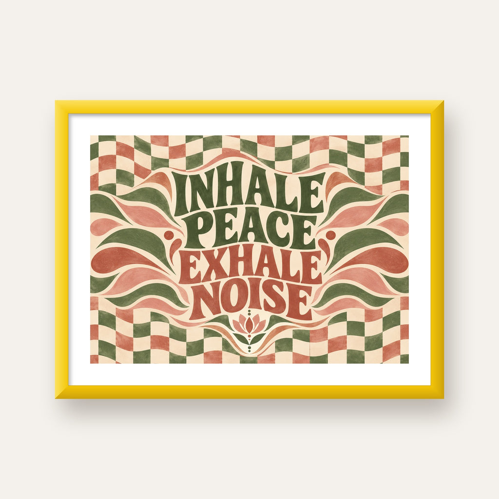 Inhale Peace, Exhale Noise Retro Damalı Yoga Poster — sarı çerçeveli paspartulu