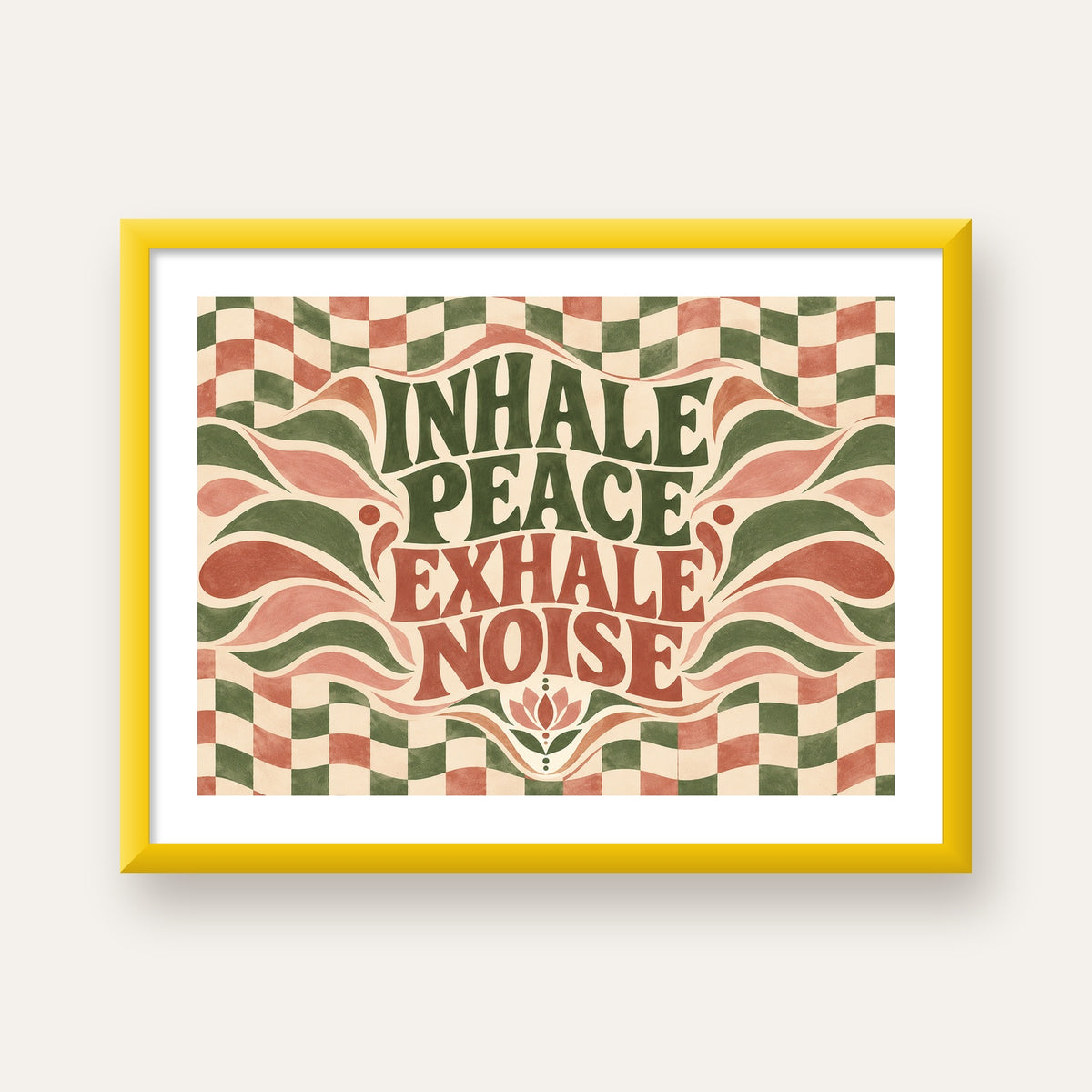 Inhale Peace, Exhale Noise Retro Damalı Yoga Poster — sarı çerçeveli paspartulu