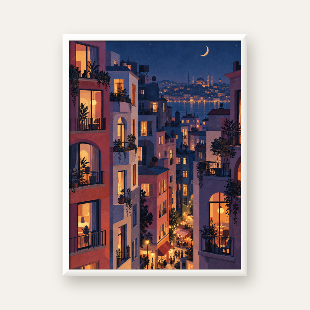 Işıklı Apartmanlar Gece — beyaz çerçeveli dikey poster