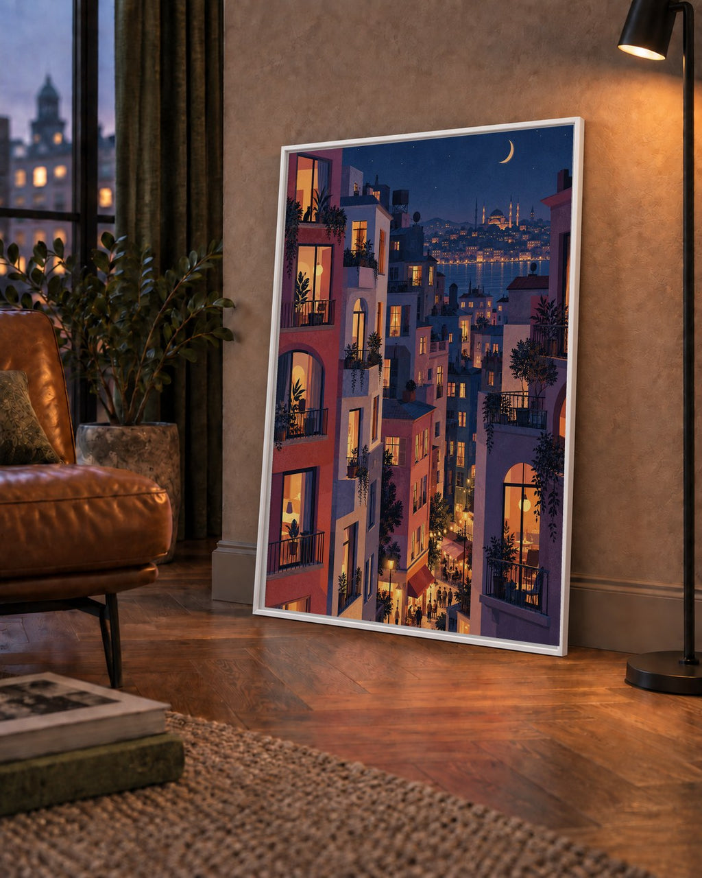 Işıklı Apartmanlar Gece — çerçeveli hâliyle bir ev duvarında