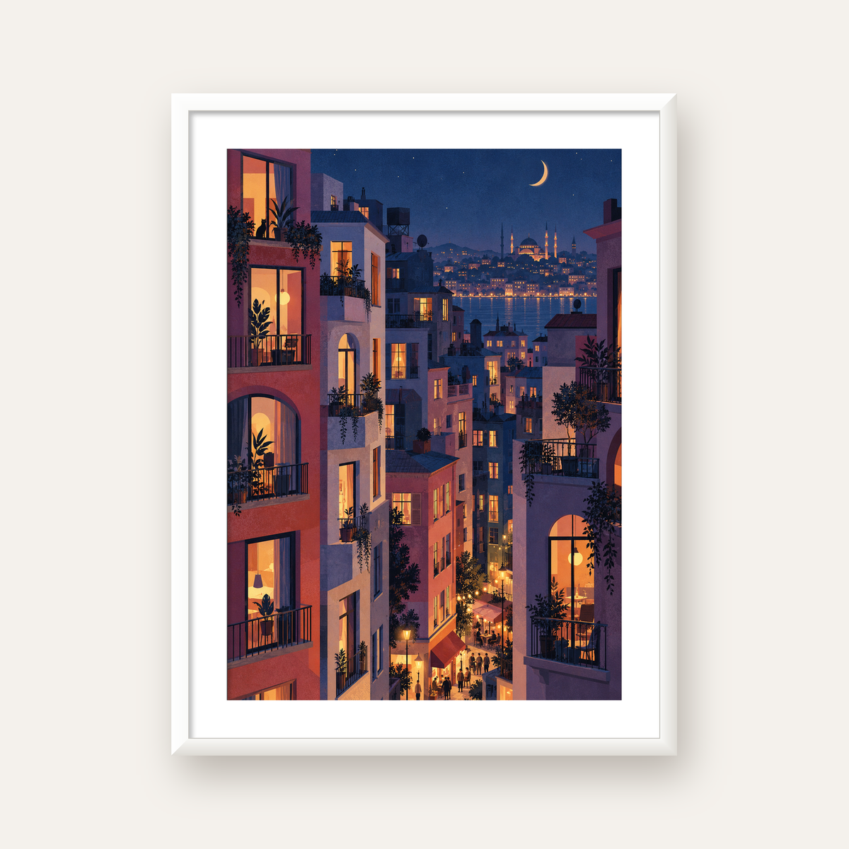 Işıklı Apartmanlar Gece — beyaz çerçeveli dikey poster