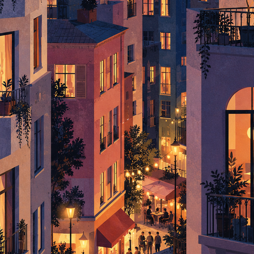 İstanbul Gece Manzarası Poster – Renkli Apartmanlar & Şehir Silüeti — baskının yakın çekimi, kâğıt dokusu ve renk detayı